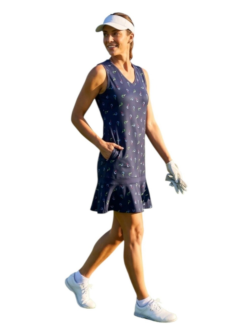 Lillie Green Womens Navy Golf Ball Print Sleeveless Dress Sz L Pockets Ruffle